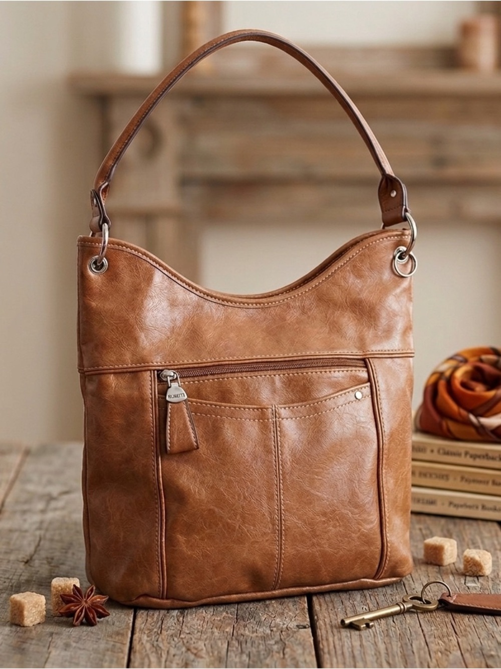 Rosetti Tip Top Brown Sugar Vegan Leather Hobo Shoulder Bag Purse Pockets Boho